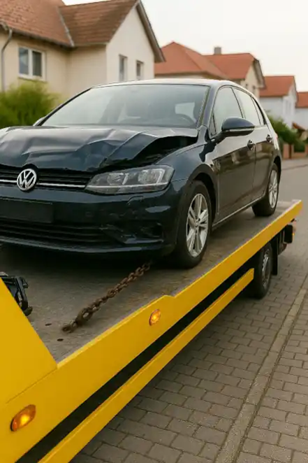 Ein defektes Fahrzeug wird für den Autoankauf in Frankenthal abgeschleppt, um den Verkaufsprozess zu starten.